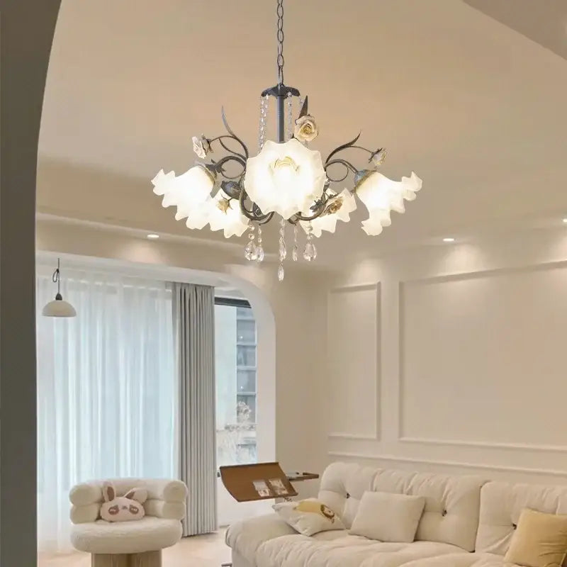 French style white decorbites crystal flower chandelier with delicate floral design and black wrought iron arms for living room lighting