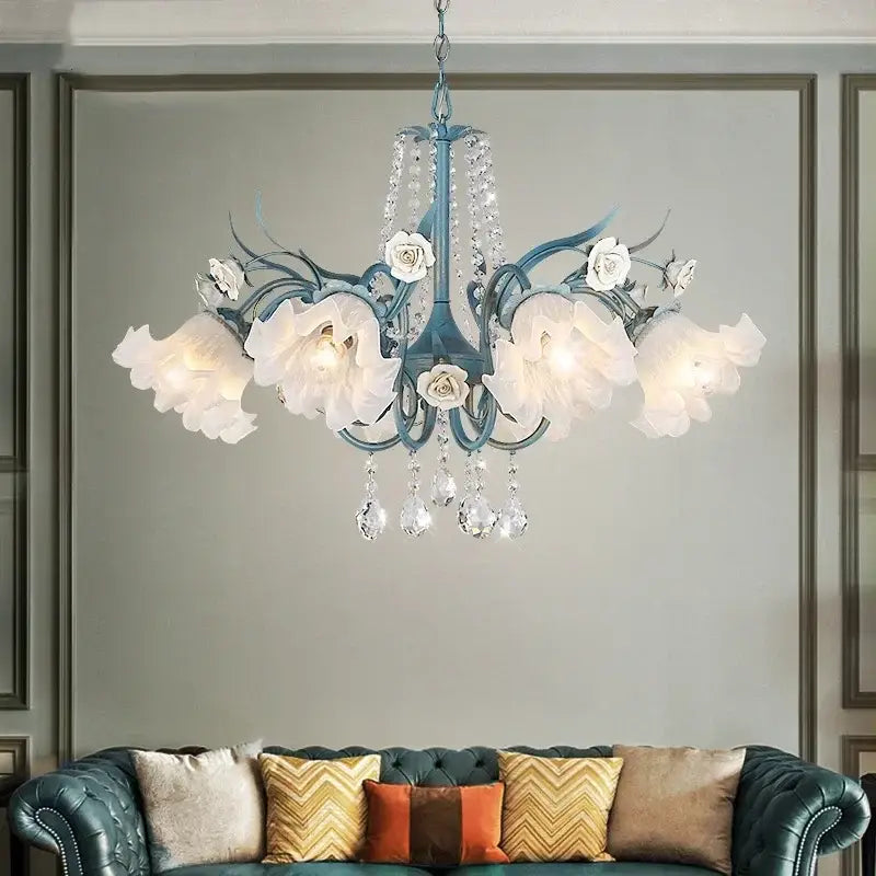 French style white crystal flower chandelier with teal frame and white floral glass shades by decorbites crystal flower