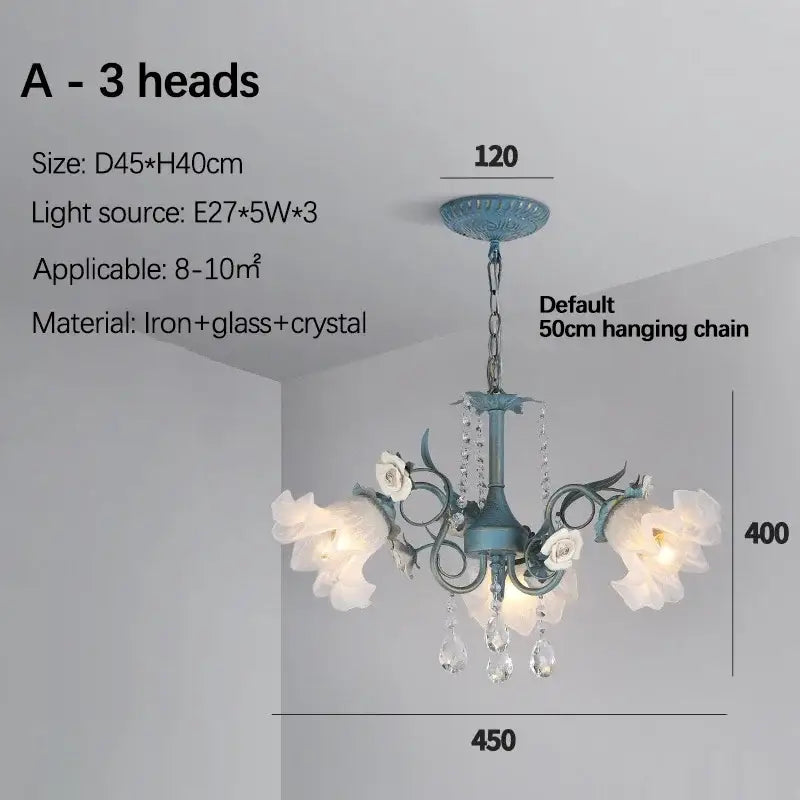 Antique blue iron crystal flower chandelier with three white glass flower shades and dangling crystals for living room decorbites crystal flower design