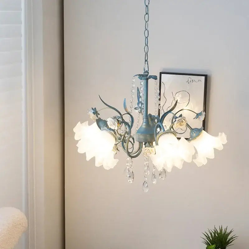 Blue floral decorbites crystal flower chandelier with white petal shades and crystal droplets for living room light