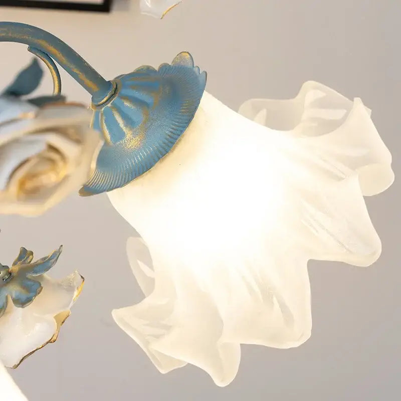 French style blue and gold decorbites crystal flower chandelier with translucent white glass shade for living room light