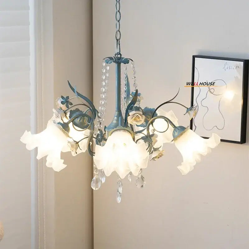 Blue wrought iron french style decorbites crystal flower chandelier with frosted glass shades for living room decor