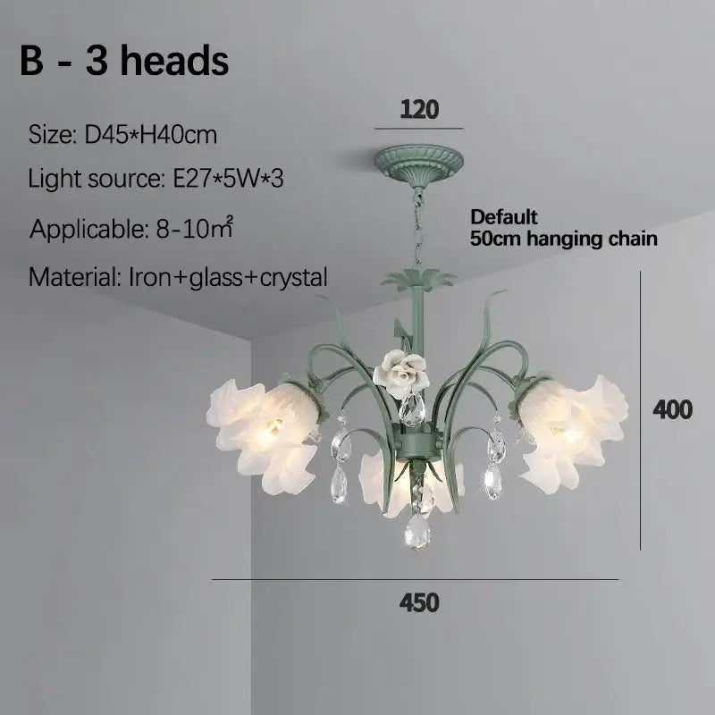 Green iron decorbites crystal flower chandelier with three white floral glass shades and dangling crystal droplets for living room decor