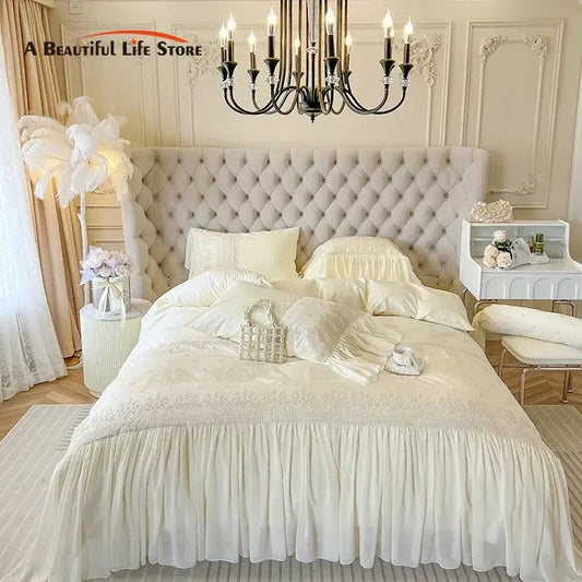 Cream-colored tufted bed with decorbites french vintage beige lace ruffles bedding set and embroidered pillows for bedroom decor