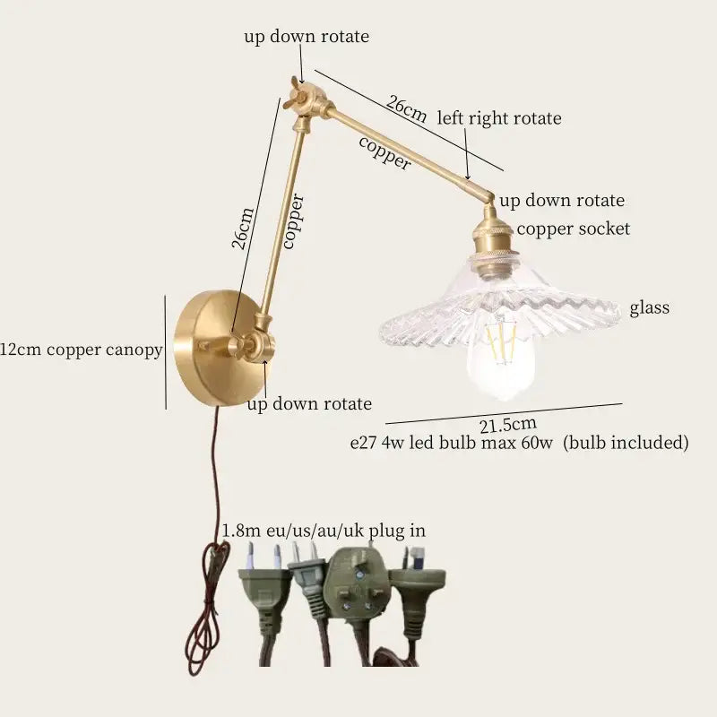 Adjustable copper wall sconce with clear glass shade and included led bulb for decorbites cream resin led wall lights