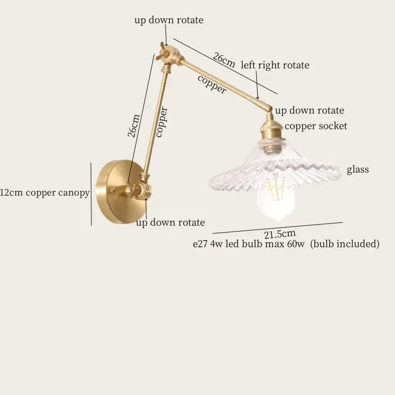 Adjustable copper wall lights with clear glass shade in french vintage decorbites cream resin led bedroom sconce