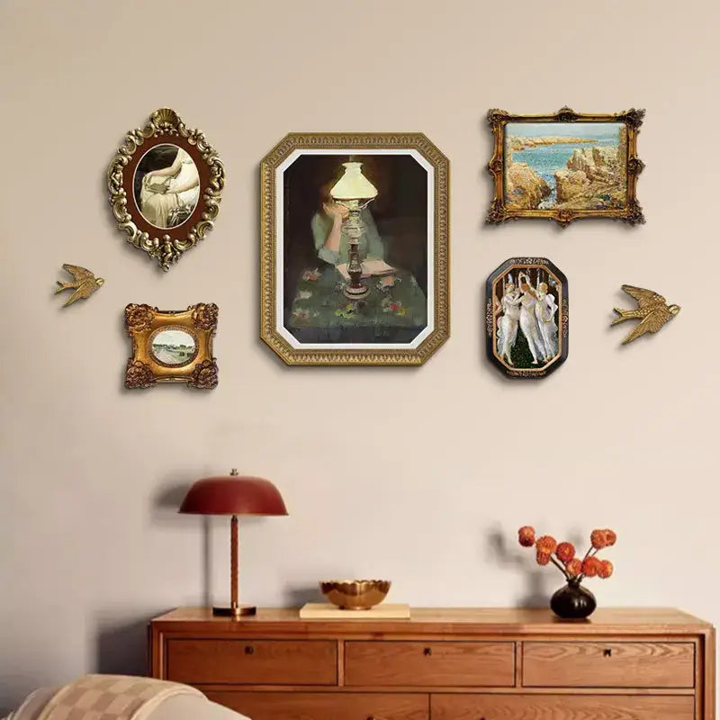 Gold ornate octagonal french vintage cupid gold and wood frame with white mat and oil painting for living room decor