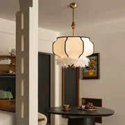 A cream warm french vintage fabric chandelier with black trim and white feather fringe for dining room decorbites french vintage