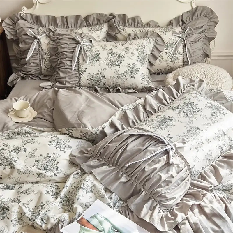 Gray ruffled pillow sham with delicate floral print and satin finish from decorbites french vintage flowers bedding set