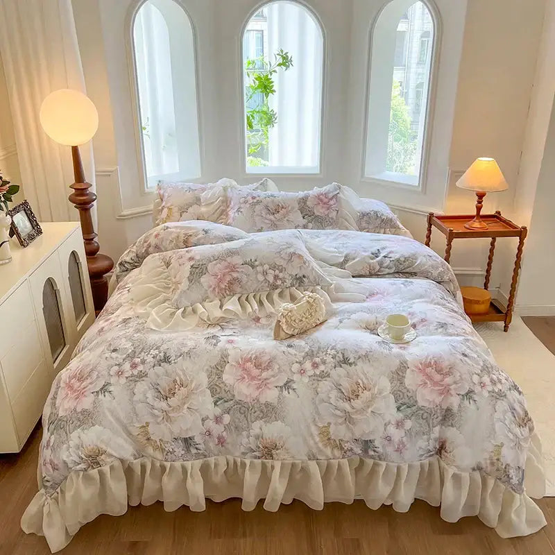 Floral-patterned bedding set with pastel pink and cream blossoms and delicate ruffled edges decorbites french vintage lace