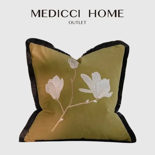 Olive green velvet pillow with delicate white magnolia embroidery and black fringed border french vintage magnolia decorbites