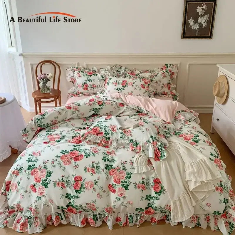 Floral ruffled bedding set with pink roses on cream background featuring decorbites french vintage rose print and lace ruffles