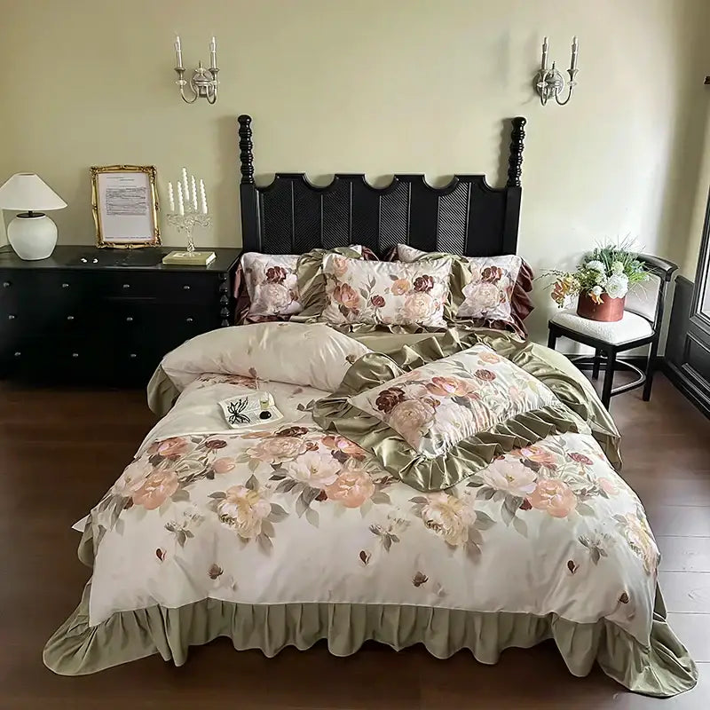 Elegant decorbites french vintage bedding set in beige and olive green with ruffled edges and botanical design