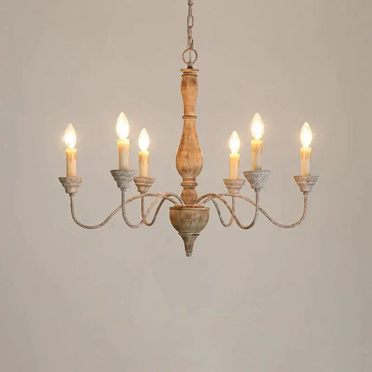 Decorbites french vintage wooden chandelier with six candle-like bulbs and rustic distressed finish for dining room decor