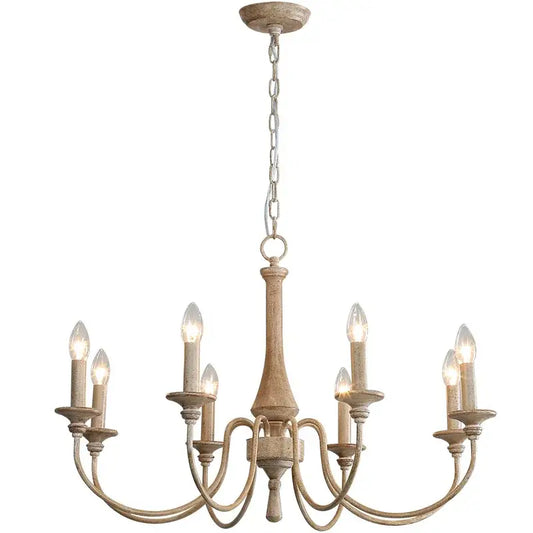 A decorbites french vintage off-white distressed wooden chandelier with six candle bulbs and metal chain suspension