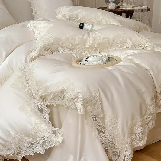 Cream satin duvet cover with delicate white floral lace trim in decorbites french wedding chic bedding set