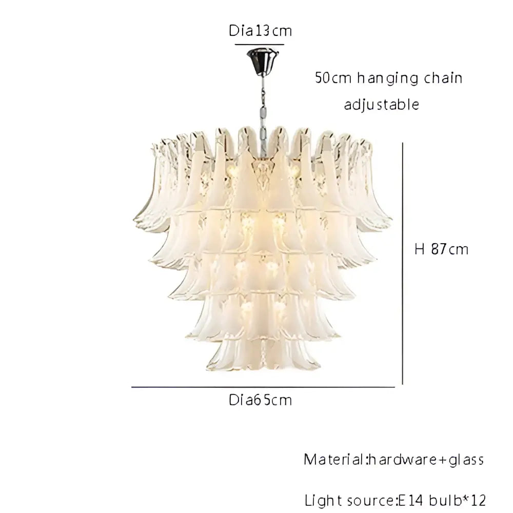 French white glass petal chandelier with translucent layered glass shades and metallic chain pendant lights by decorbites