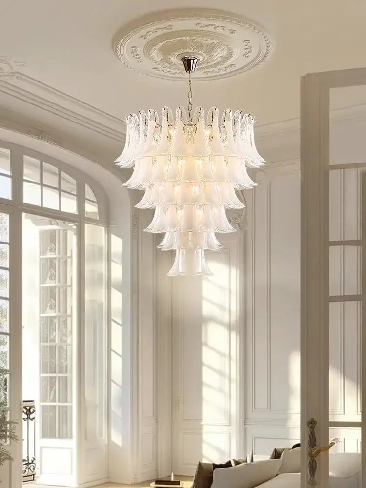 A multi-tiered french white glass petal chandelier pendant light with polished brass fixture for dining room decorbites french white