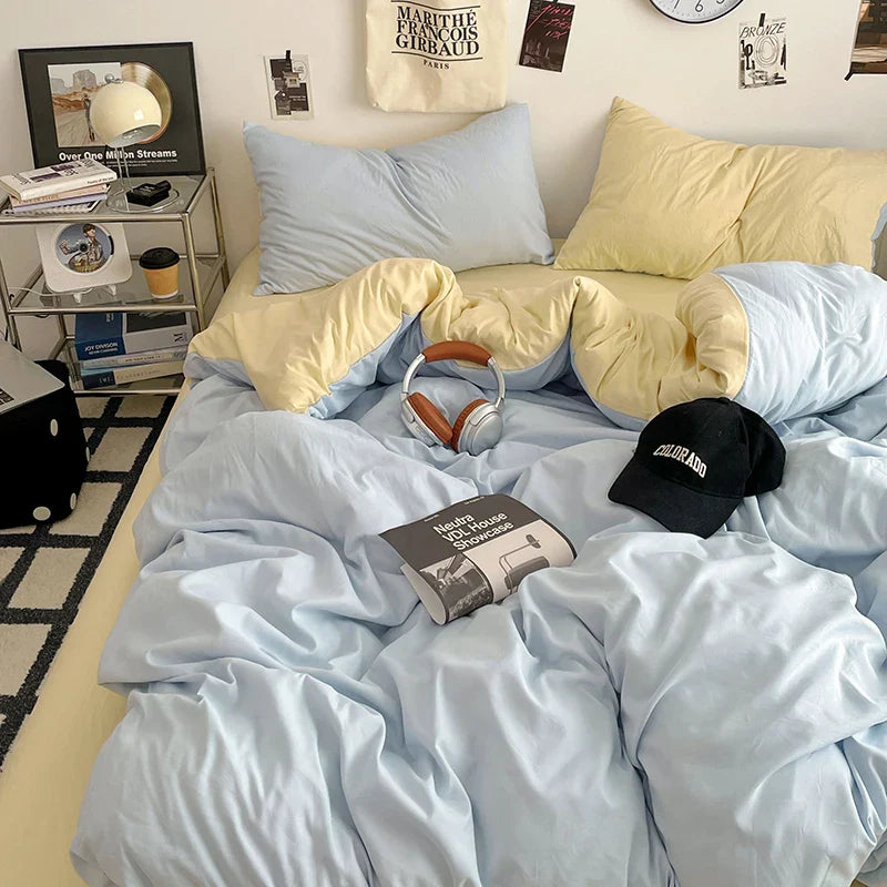 Fresh Solid Color Cotton Quilt Set - 4-Piece - qianlanzisi naihuang / 180x220cm 4pcs / set