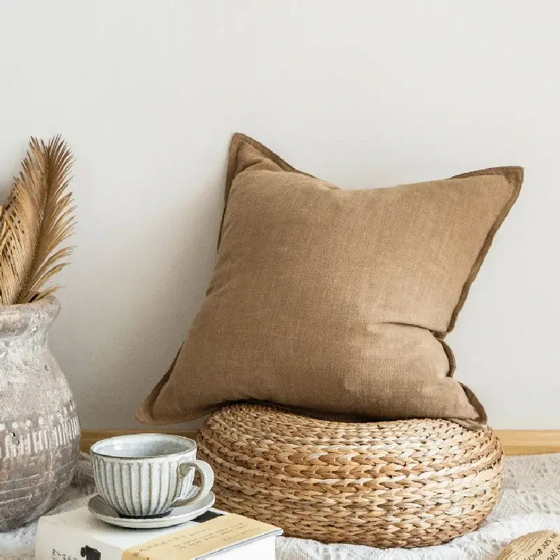 Beige decorbites linen pillow cover with subtle textured weave and neatly stitched edges for living room decor