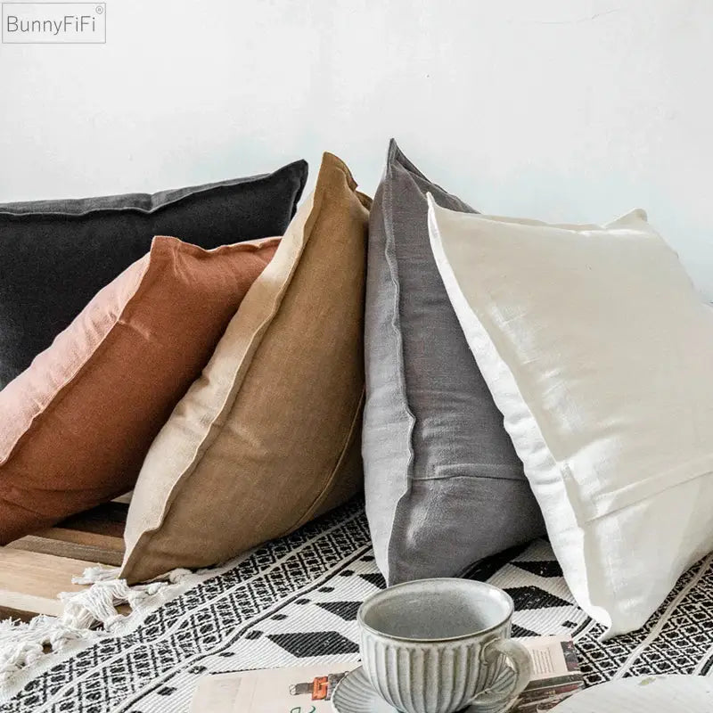 Bunnyfifi fringed earth tone linen pillow cover in muted black terracotta beige gray and off-white for living room decorbites linen pillow