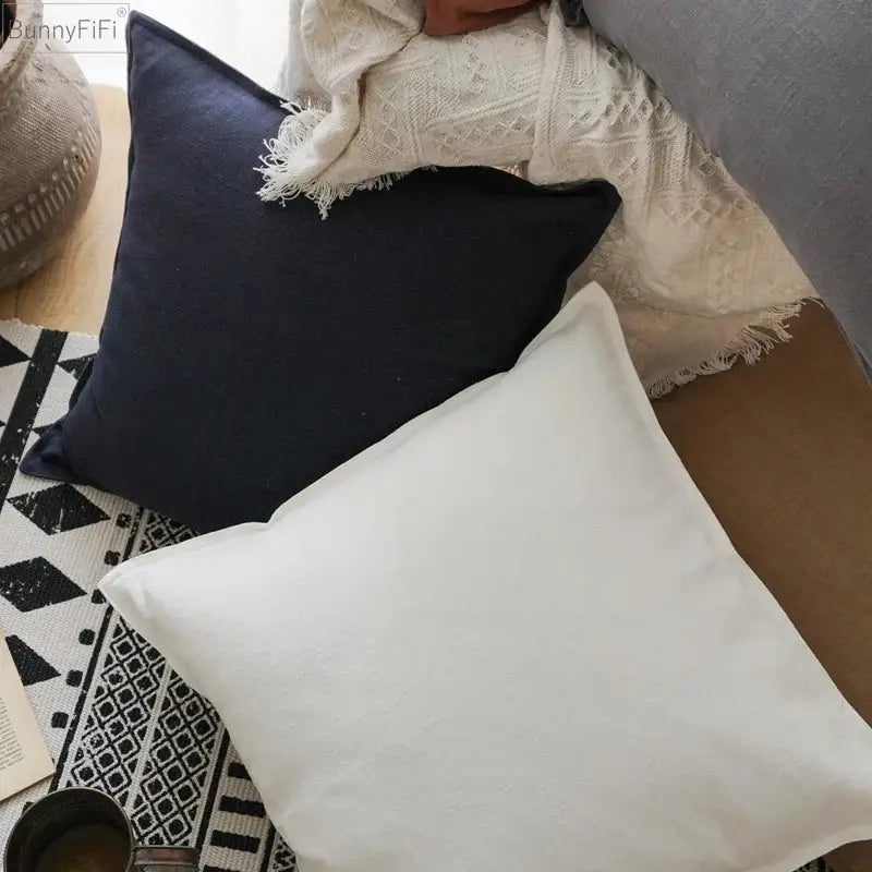 Navy blue and white fringed earth tone decorbites linen pillow cover for living room decor and comfort