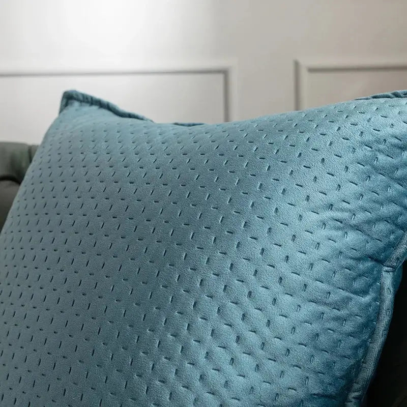 Teal velvet fringed velvet cushion cover with subtle quilted diamond pattern for living room decorbites decor