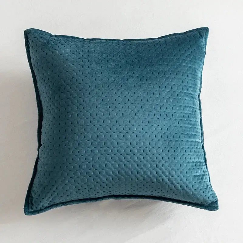 Teal velvet quilted fringed velvet cushion cover with subtle dotted texture and dark teal piping for living room decorbites decor