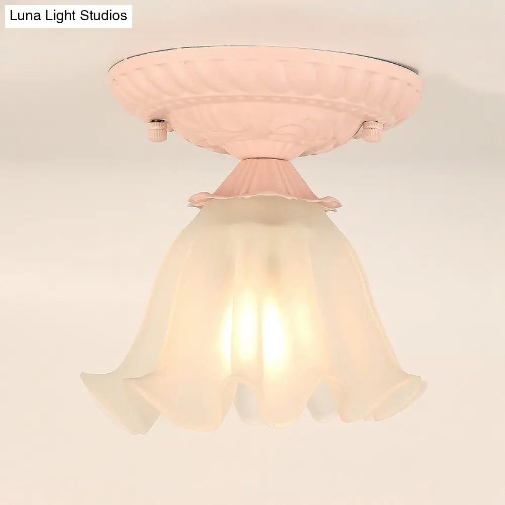 DecorBites™ DecorBites™ Frost Glass Ruffle Semi Flush Ceiling Light - Single-Bulb Pastoral Bedroom Fixture