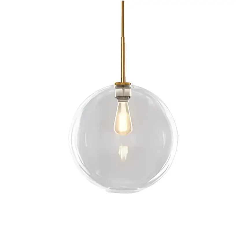 Clear glass globe pendant light with brass rod and exposed filament bulb for dining room decorbites glass ball pendant