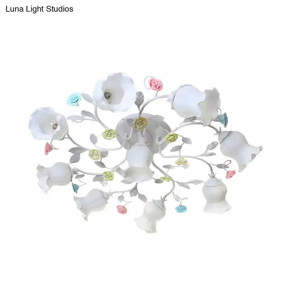 DecorBites™ DecorBites™ Frosted Cream Glass Ruffle Ceiling Light - 9 Lights, Semi Flush Mounted Lamp for Bedrooms - Pink/Green Countryside Design