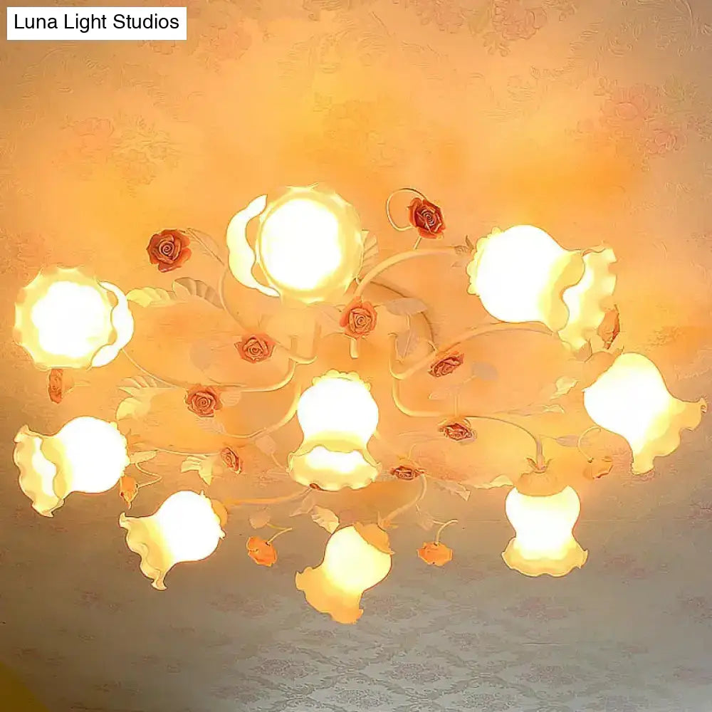 DecorBites™ DecorBites™ Frosted Cream Glass Ruffle Ceiling Light - 9 Lights, Semi Flush Mounted Lamp for Bedrooms - Pink/Green Countryside Design