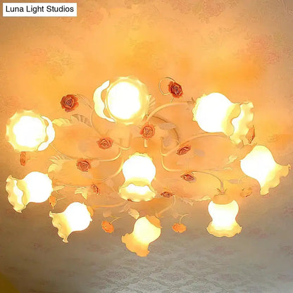 DecorBites™ DecorBites™ Frosted Cream Glass Ruffle Ceiling Light - 9 Lights, Semi Flush Mounted Lamp for Bedrooms - Pink/Green Countryside Design