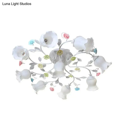 DecorBites™ DecorBites™ Frosted Cream Glass Ruffle Ceiling Light - 9 Lights, Semi Flush Mounted Lamp for Bedrooms - Pink/Green Countryside Design