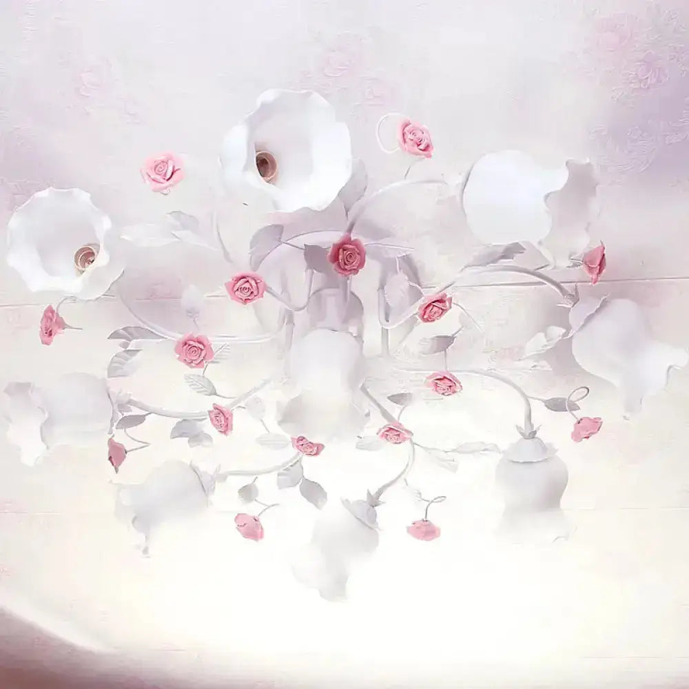 DecorBites™ DecorBites™ Frosted Cream Glass Ruffle Ceiling Light - 9 Lights, Semi Flush Mounted Lamp for Bedrooms - Pink/Green Countryside Design