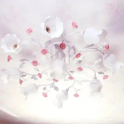 DecorBites™ DecorBites™ Frosted Cream Glass Ruffle Ceiling Light - 9 Lights, Semi Flush Mounted Lamp for Bedrooms - Pink/Green Countryside Design