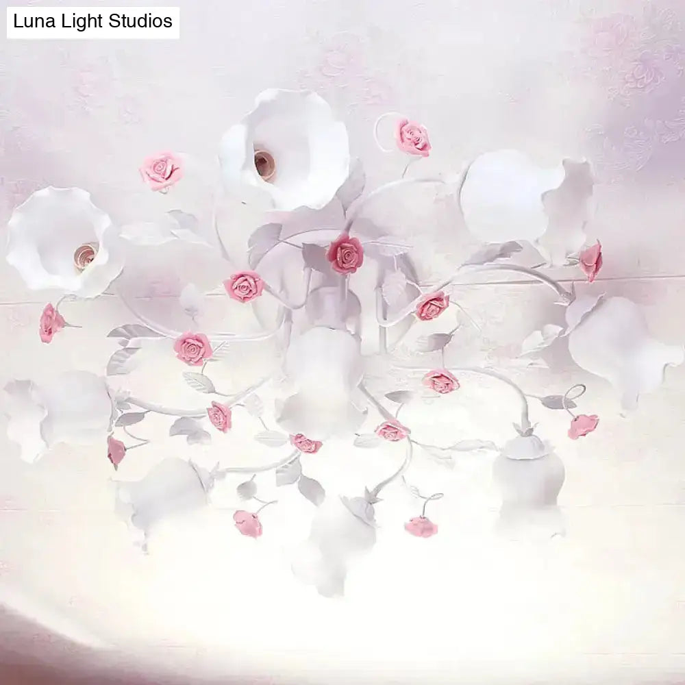 DecorBites™ DecorBites™ Frosted Cream Glass Ruffle Ceiling Light - 9 Lights, Semi Flush Mounted Lamp for Bedrooms - Pink/Green Countryside Design