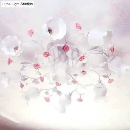 DecorBites™ DecorBites™ Frosted Cream Glass Ruffle Ceiling Light - 9 Lights, Semi Flush Mounted Lamp for Bedrooms - Pink/Green Countryside Design