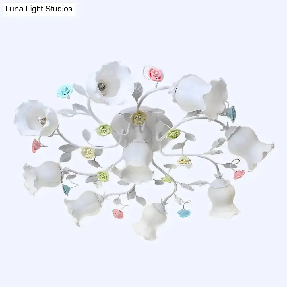 DecorBites™ DecorBites™ Frosted Cream Glass Ruffle Ceiling Light - 9 Lights, Semi Flush Mounted Lamp for Bedrooms - Pink/Green Countryside Design