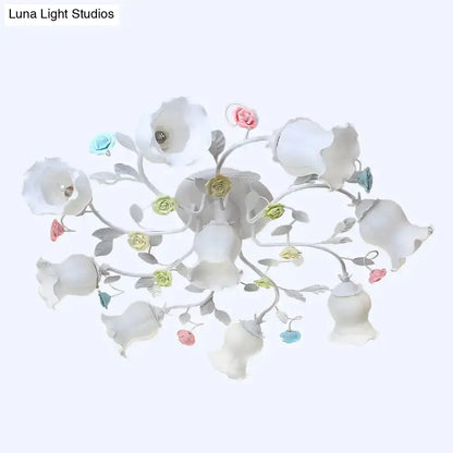 DecorBites™ DecorBites™ Frosted Cream Glass Ruffle Ceiling Light - 9 Lights, Semi Flush Mounted Lamp for Bedrooms - Pink/Green Countryside Design