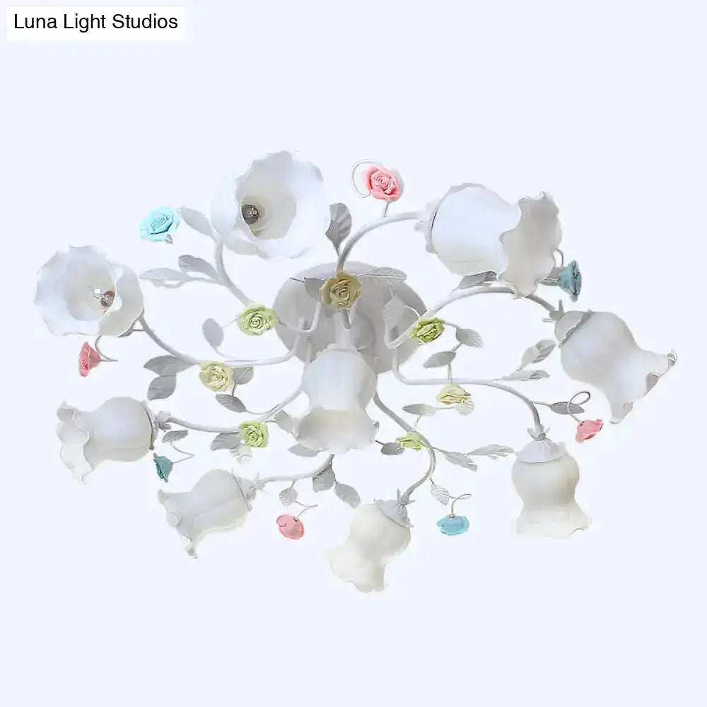 DecorBites™ DecorBites™ Frosted Cream Glass Ruffle Ceiling Light - 9 Lights, Semi Flush Mounted Lamp for Bedrooms - Pink/Green Countryside Design