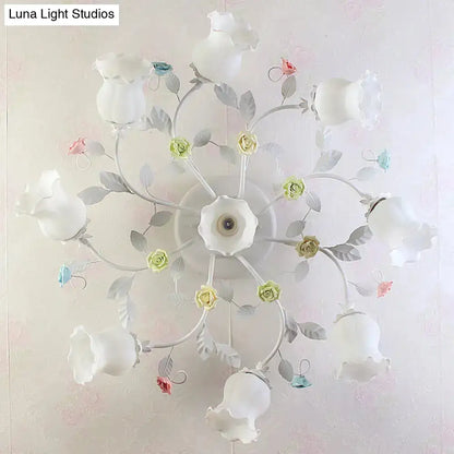 DecorBites™ DecorBites™ Frosted Cream Glass Ruffle Ceiling Light - 9 Lights, Semi Flush Mounted Lamp for Bedrooms - Pink/Green Countryside Design