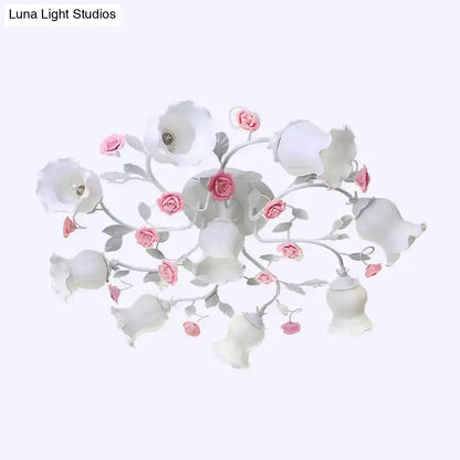 DecorBites™ DecorBites™ Frosted Cream Glass Ruffle Ceiling Light - 9 Lights, Semi Flush Mounted Lamp for Bedrooms - Pink/Green Countryside Design