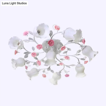 DecorBites™ DecorBites™ Frosted Cream Glass Ruffle Ceiling Light - 9 Lights, Semi Flush Mounted Lamp for Bedrooms - Pink/Green Countryside Design