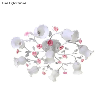 DecorBites™ DecorBites™ Frosted Cream Glass Ruffle Ceiling Light - 9 Lights, Semi Flush Mounted Lamp for Bedrooms - Pink/Green Countryside Design