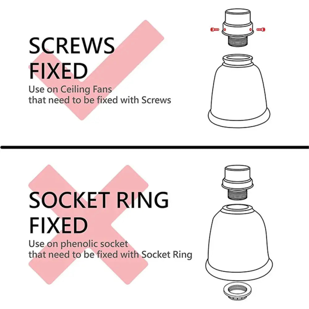 Diagram showing two mounting methods with screws and socket ring for decorbites frosted glass bell shades ceiling fans