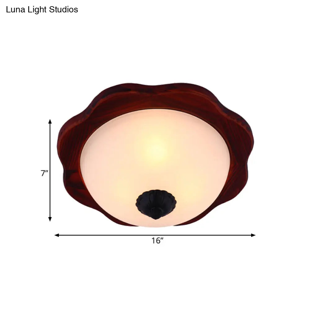 DecorBites™ DecorBites™ Frosted Glass Brown Flush Light Fixture - 16"/19" W - 3 Heads - Rural Flush Mount Recessed Lighting with Wood Flower Panel