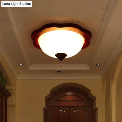 DecorBites™ DecorBites™ Frosted Glass Brown Flush Light Fixture - 16"/19" W - 3 Heads - Rural Flush Mount Recessed Lighting with Wood Flower Panel