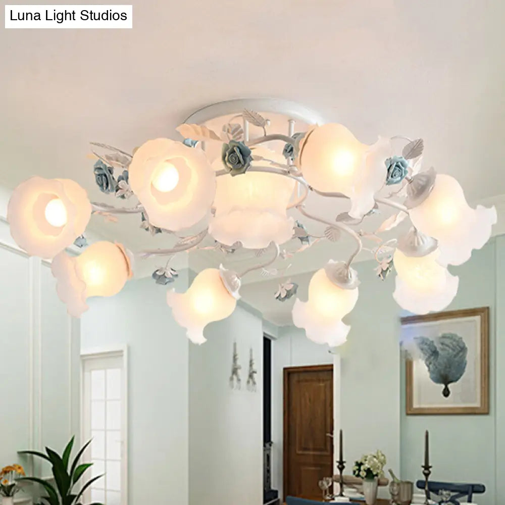 DecorBites™ DecorBites™ Frosted Glass Bud Semi Flush Chandelier in Pink/Blue/Blue-White - Ceiling Mount Lamp for Countryside Dining Room - 3/5/9-Bulb Option