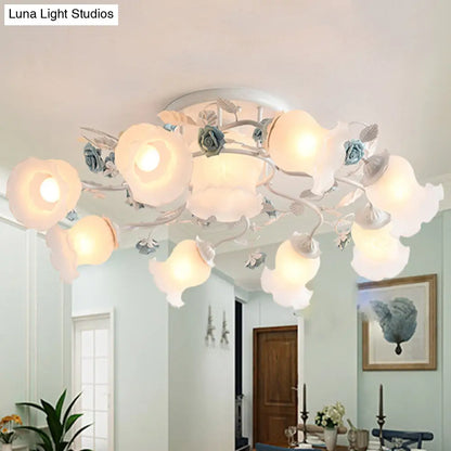 DecorBites™ DecorBites™ Frosted Glass Bud Semi Flush Chandelier in Pink/Blue/Blue-White - Ceiling Mount Lamp for Countryside Dining Room - 3/5/9-Bulb Option